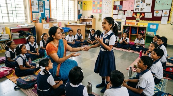 Indian teacher with students in interactive classroom session