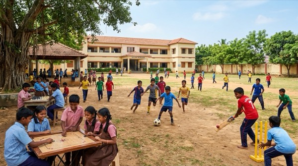 Indian school children playing cricket football and carrom