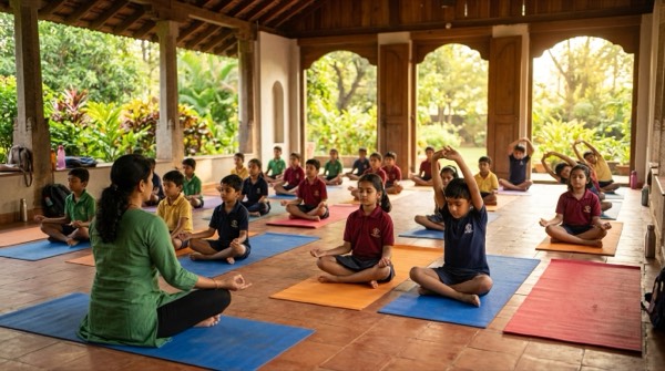 Indian school children practicing yoga and meditation